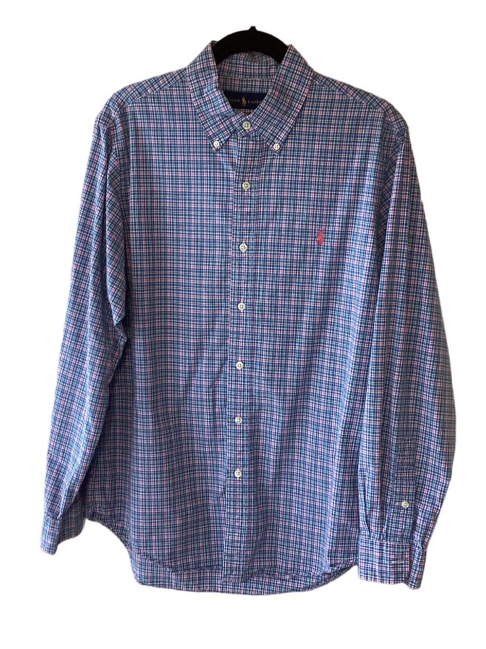 Ralph Lauren Blue and Pink Plaid Button-Down Shirt M Pink Pony Office Casual